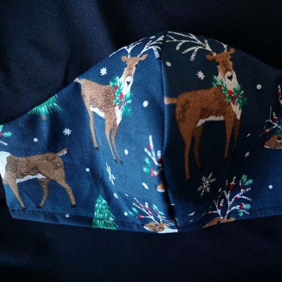 Adult Christmas Deer Handmade 100% Cotton Face Mask Masque blue/multi - Picture 2 of 3